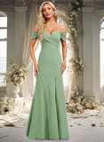 Destinee Trumpet/Mermaid Off the Shoulder V-Neck Floor-Length Chiffon Bridesmaid Dress STKP0025810