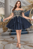 Ruby A-line Off the Shoulder Short/Mini Satin Homecoming Dress STKP0020562