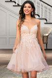 Savannah A-line V-Neck Short/Mini Lace Tulle Homecoming Dress With Sequins STKP0020500