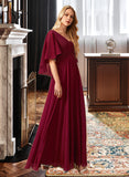 Olivia A-Line V-neck Floor-Length Bridesmaid Dress With Ruffle STKP0012769