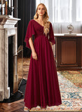 Olivia A-Line V-neck Floor-Length Bridesmaid Dress With Ruffle STKP0012769