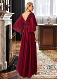 Olivia A-Line V-neck Floor-Length Bridesmaid Dress With Ruffle STKP0012769