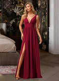 Lillianna A-Line V-neck Floor-Length Bridesmaid Dress With Split Front STKP0012771