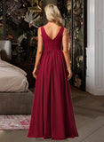 Lillianna A-Line V-neck Floor-Length Bridesmaid Dress With Split Front STKP0012771