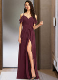 Esther A-Line V-neck Floor-Length Bridesmaid Dress With Ruffle Split Front STKP0012772