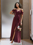 Esther A-Line V-neck Floor-Length Bridesmaid Dress With Ruffle Split Front STKP0012772