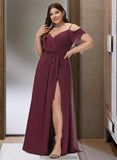 Esther A-Line V-neck Floor-Length Bridesmaid Dress With Ruffle Split Front STKP0012772