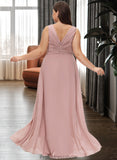 Florence A-Line V-neck Floor-Length Chiffon Bridesmaid Dress With Ruffle STKP0012774