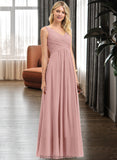 Florence A-Line V-neck Floor-Length Chiffon Bridesmaid Dress With Ruffle STKP0012774