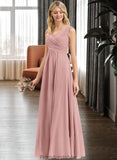 Florence A-Line V-neck Floor-Length Chiffon Bridesmaid Dress With Ruffle STKP0012774