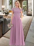 Serenity A-Line Scoop Neck Floor-Length Chiffon Lace Bridesmaid Dress With Pockets STKP0012776