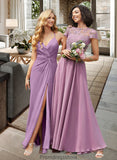 Serenity A-Line Scoop Neck Floor-Length Chiffon Lace Bridesmaid Dress With Pockets STKP0012776