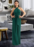 Alia Jumpsuit/Pantsuit One-Shoulder Halter V-neck High Neck Floor-Length Bridesmaid Dress With Ruffle STKP0012777