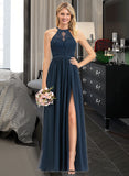 Poll A-Line Scoop Neck Floor-Length Chiffon Lace Bridesmaid Dress With Split Front STKP0012778