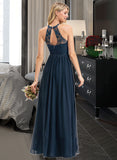 Poll A-Line Scoop Neck Floor-Length Chiffon Lace Bridesmaid Dress With Split Front STKP0012778