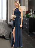 Poll A-Line Scoop Neck Floor-Length Chiffon Lace Bridesmaid Dress With Split Front STKP0012778