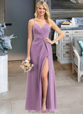 Paula A-Line V-neck Floor-Length Chiffon Bridesmaid Dress With Ruffle Split Front STKP0012784