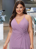 Paula A-Line V-neck Floor-Length Chiffon Bridesmaid Dress With Ruffle Split Front STKP0012784