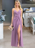 Paula A-Line V-neck Floor-Length Chiffon Bridesmaid Dress With Ruffle Split Front STKP0012784