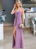 Paula A-Line V-neck Floor-Length Chiffon Bridesmaid Dress With Ruffle Split Front STKP0012784