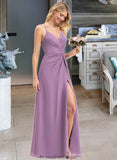 Paula A-Line V-neck Floor-Length Chiffon Bridesmaid Dress With Ruffle Split Front STKP0012784