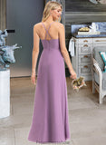 Paula A-Line V-neck Floor-Length Chiffon Bridesmaid Dress With Ruffle Split Front STKP0012784