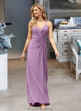 Paula A-Line V-neck Floor-Length Chiffon Bridesmaid Dress With Ruffle Split Front STKP0012784