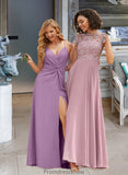 Paula A-Line V-neck Floor-Length Chiffon Bridesmaid Dress With Ruffle Split Front STKP0012784