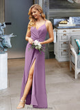 Paula A-Line V-neck Floor-Length Chiffon Bridesmaid Dress With Ruffle Split Front STKP0012784