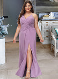 Paula A-Line V-neck Floor-Length Chiffon Bridesmaid Dress With Ruffle Split Front STKP0012784