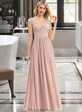 Elisabeth A-line V-Neck Floor-Length Chiffon Lace Bridesmaid Dress STKP0012786