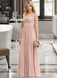 Elisabeth A-line V-Neck Floor-Length Chiffon Lace Bridesmaid Dress STKP0012786