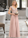 Elisabeth A-line V-Neck Floor-Length Chiffon Lace Bridesmaid Dress STKP0012786