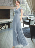 Janelle A-Line V-neck Floor-Length Bridesmaid Dress With Ruffle Split Front STKP0012787