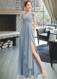 Janelle A-Line V-neck Floor-Length Bridesmaid Dress With Ruffle Split Front STKP0012787