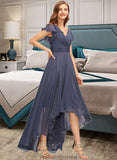 Dominique A-Line V-neck Asymmetrical Chiffon Bridesmaid Dress With Ruffle Lace STKP0012788