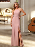 Janice A-Line High Neck Floor-Length Bridesmaid Dress With Lace Split Front STKP0012791