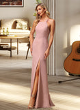 Janice A-Line High Neck Floor-Length Bridesmaid Dress With Lace Split Front STKP0012791