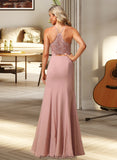 Janice A-Line High Neck Floor-Length Bridesmaid Dress With Lace Split Front STKP0012791