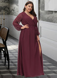 Brenda A-Line V-neck Floor-Length Chiffon Bridesmaid Dress With Ruffle Bow(s) Split Front STKP0012795