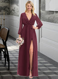 Brenda A-Line V-neck Floor-Length Chiffon Bridesmaid Dress With Ruffle Bow(s) Split Front STKP0012795