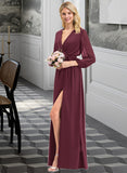 Brenda A-Line V-neck Floor-Length Chiffon Bridesmaid Dress With Ruffle Bow(s) Split Front STKP0012795