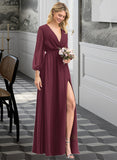 Brenda A-Line V-neck Floor-Length Chiffon Bridesmaid Dress With Ruffle Bow(s) Split Front STKP0012795