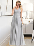 Brenna A-Line V-neck Floor-Length Chiffon Bridesmaid Dress With Ruffle Bow(s) Pockets STKP0012797