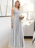 Brenna A-Line V-neck Floor-Length Chiffon Bridesmaid Dress With Ruffle Bow(s) Pockets STKP0012797