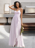 Angelica A-Line V-neck Asymmetrical Bridesmaid Dress With Ruffle Split Front STKP0012799