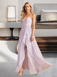 Angelica A-Line V-neck Asymmetrical Bridesmaid Dress With Ruffle Split Front STKP0012799