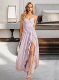 Angelica A-Line V-neck Asymmetrical Bridesmaid Dress With Ruffle Split Front STKP0012799