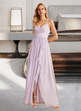 Angelica A-Line V-neck Asymmetrical Bridesmaid Dress With Ruffle Split Front STKP0012799