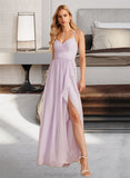 Angelica A-Line V-neck Asymmetrical Bridesmaid Dress With Ruffle Split Front STKP0012799